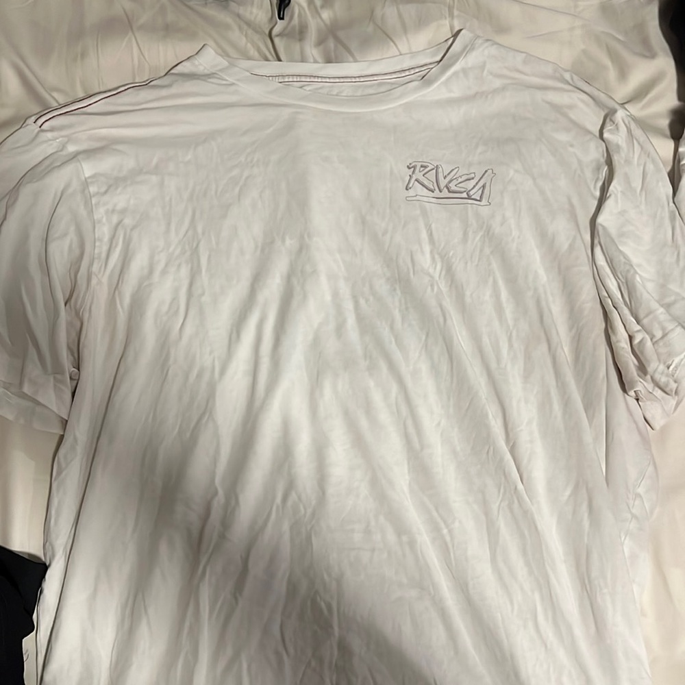 RVCA white XXL shirt. Blue and purple lettering. Loose fit. Good condition.